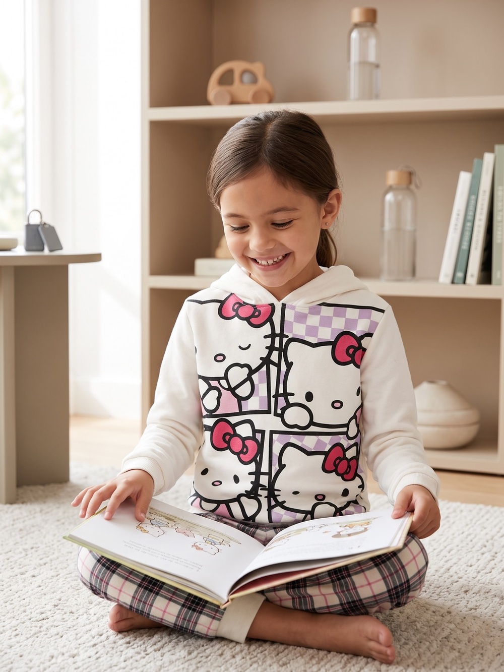 Hello Kitty White Hoodie with Pink Bows and Purple Check Panels